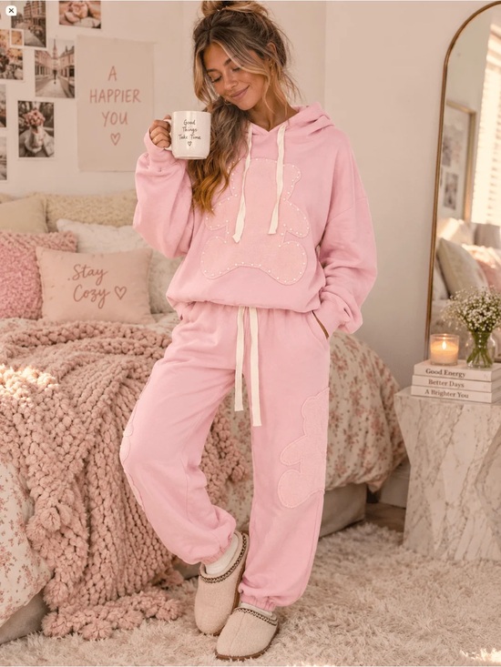 Tops - Cozy Teddy Hoodie & Jogger Set - Pink